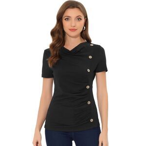 Cowl Neck Women's Short Sleeve Button Decor Ruched Casual Basic T-Shirt Black